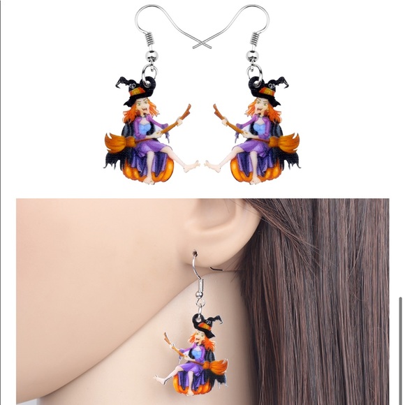 Witch Pumpkin Acrylic Earrings Halloween - Picture 2 of 6